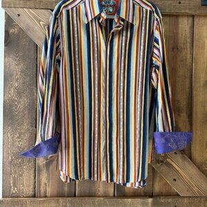 Robert Graham Striped -  Hidden Button Down Shirt - Embroidered Cuffs Sz L